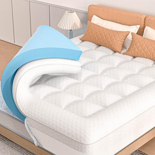 Pillow Top Mattress Topper Queen Size, AprLeaf 3 Inch Dual Layer Mattress Topper, 1 Inch Cooling Pillow Topper and 2 Inch Gel Memory Foam Mattress Topper for Back Pain