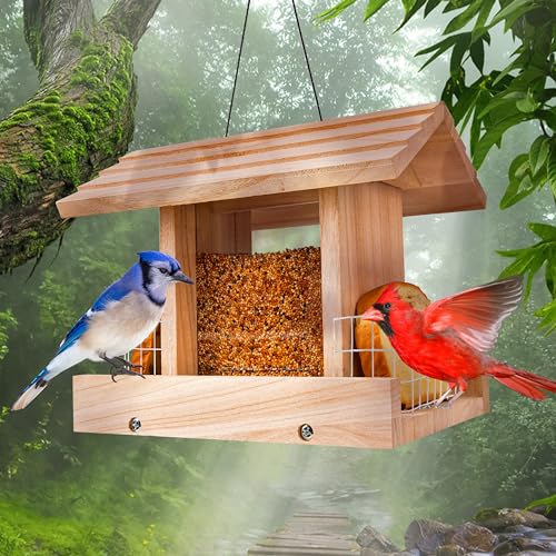 Bird Feeders for Outdoors Hanging - Wooden Bird Feeder Hopper, Cardinal Bird House Feeder, Wooden Large Bird Feeder with Suet Holder for Outside, Wild, Outdoors Hanging Pole