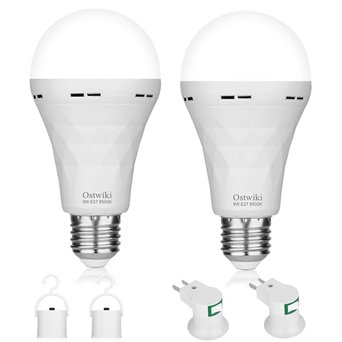 Ostwiki 2 Pack Emergency Rechargeable Light Bulbs,Battery Operated Backup Light Bulb 9W E27 8500K 1200mAh White Equivalent Self-Charging LED Light Bulbs for Power Outage Camping Outdoor Activity