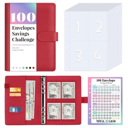 Sooez 100 Envelopes Money Saving Challenge, Savings Challenges Book with Envelopes & Challenge Tracker, Motivational Process to Save $5050, Money Saving Binder 100 Pocket Pre-numbered