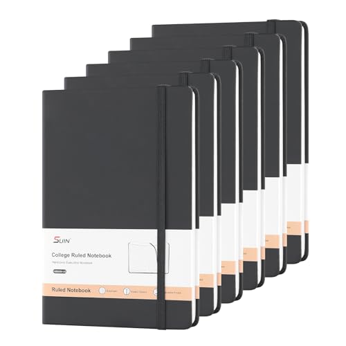 SUIN Hardcover-Journal-Notebooks, A5 Lined Journals Notebook for Writing 200 Pages, 8.2 x 5.5 inch, Classic Ruled Notebooks for Work_Travel_College (Black - 6 Pack)