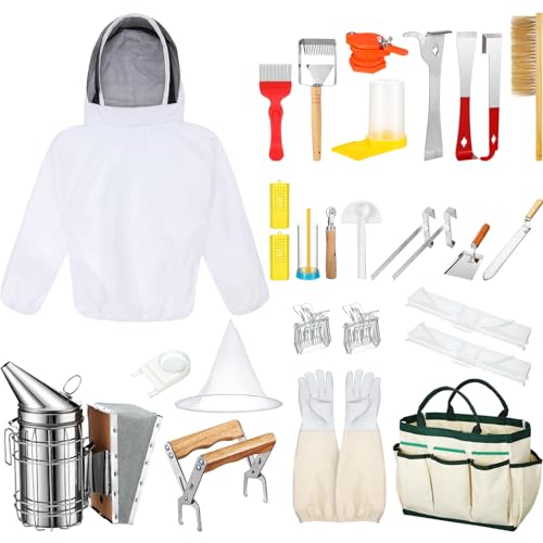 Leriton 30 Pcs Beekeeping Supplies Bee Hive Equipment Bee Keeping Starter Kit Bee Keeper Supplies All with Jacket Beehive Kit Bee Smoker Kit Uncapping Tool for Beginners and Professional Beekeepers