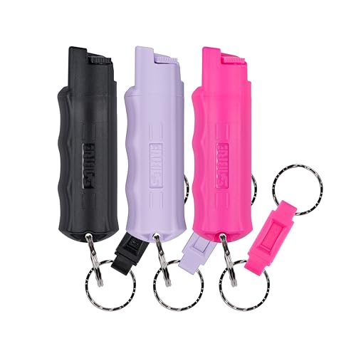 SABRE Pepper Spray for Self Defense, Maximum Police Strength OC Spray, Quick Release Keychain for Easy Carry, Fast Access, Finger Grip for Accurate & Faster Aim, Easy to Use Safety, 0.54 fl oz, 3 Pack