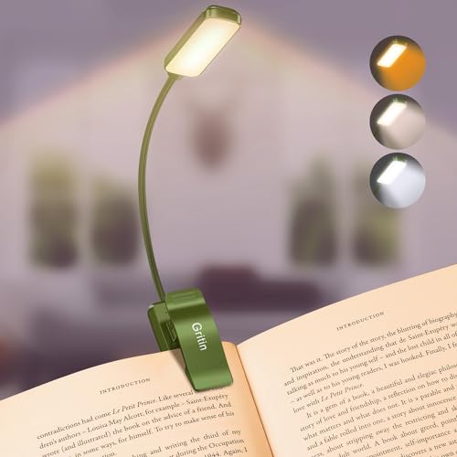 Gritin 9 LED Rechargeable Book Light for Reading in Bed - Eye Caring 3 Color Temperatures,Stepless Dimming Brightness,80 Hrs Runtime Small Lightweight Clip On Book Reading Light -Intense Green