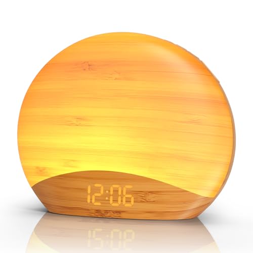 REACHER Wooden Sunrise Alarm Clock Wake Up Light, White Noise Sound Machine for Sleep, 0-100zz Dimmer Digital Clock, Night Light, 26 Soothing Sounds, Sunrise Lamp for Baby, Kids, Adult, Bedroom