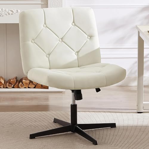 VECELO Criss Cross Armless Office Desk Chair No Wheels Comfy Wide Fabric Padded, Modern Swivel & Height Adjustable for Home_Bedrood_Make Up, White