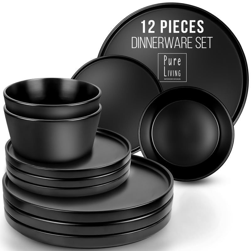 Matte Black Dinnerware Set - Ultra Chic Black Stoneware Dinnerware Sets for 4-12 pcs. Matte Black Plate Set - Dishwasher and Microwave Safe - Black Plates Ceramic and Bowls - Black Dishware