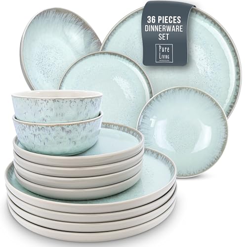 32 Piece Dinnerware Sets for 8 - Mediterranean Stoneware Dinnerware Set - Microwave Safe Dinner Plates and Bowls Sets for 8, Ceramic Dish Set, Bowl and Plate Sets for 8, Beige Blue Dishes Set for 8