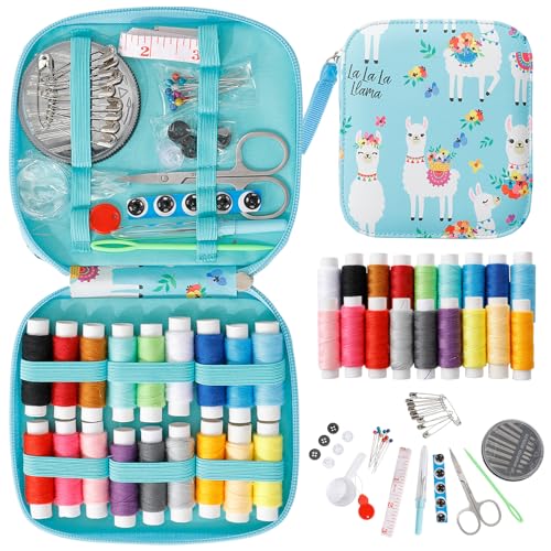 JUNING Sewing Kit with Blue Case Portable Sewing Supplies for Home Traveler, Adults, Beginner, Emergency, Kids Contains Thread, Scissors, Needles, Measure Tape