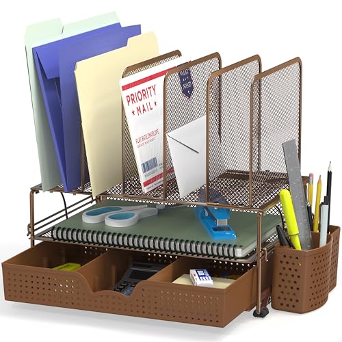 Simple Houseware Mesh Desk Organizer with Sliding Drawer, Double Tray and 5 Upright Sections, Brown