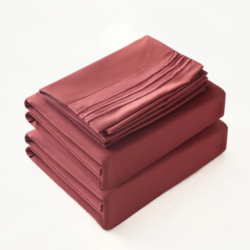 DERBELL Bed Sheet Set - Brushed Microfiber Bedding - Bedding Sheets & Pillowcases - Deep Pockets - Easy Fit - Breathable & Soft Hotel Sheets - 4 Piece Queen Burgundy