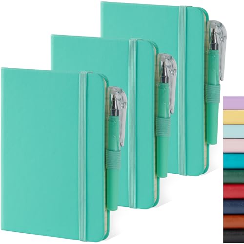 NIRMIRO 3 Pack Small Pocket Journal Notebook 3.7" x 5.7" with Pen, A6 Mini Cute Notepad for Women_Men, 408 Pages, 100Gsm Lined Paper Note Pads, Leather, Green