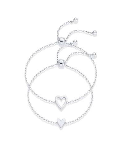 PAVOI Rhodium Plated Matching Heart Charms Solitaire Bracelet Set for Women | Adjustable Love Friendship Two Bracelet Pack White Gold