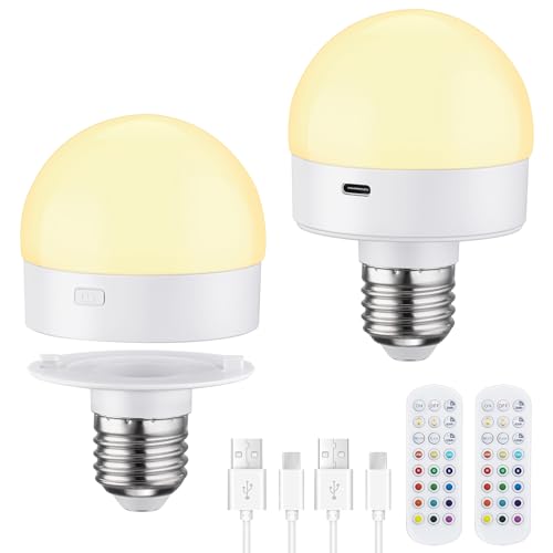 SURAIELEC Rechargeable Light Bulbs, Remote Control Battery Operated Light Bulb with Timer, Dimmable, 3 Color Temperatures, E26 Cordless Bulbs for Wall Sconces, Power Outage Night Light, 2 Pack