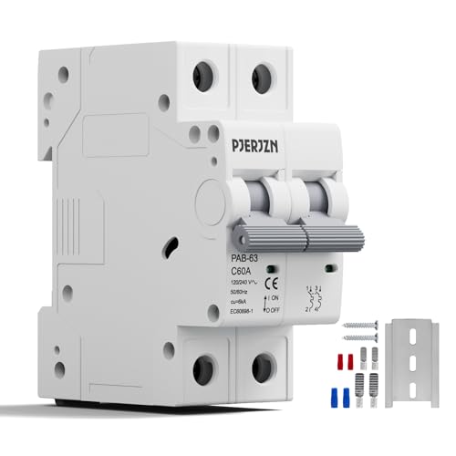 Pjerjzn Miniature Circuit Breaker 120_240VAC 60Amps Double Pole Circuit Breaker DIN Rail Mount,Thermal Magnetic AC Disconnect Switch for House, Electrical Systems, Emergency Generators (60 Amp)