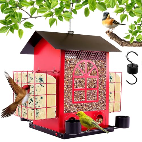 Fabulas Bird Feeders for Outdoors Hanging, Wild Bird Feeder for Outside Squirrel Proof All Metal Bird House Feeder with Double Suet Cages and 4 Water Feeders, 3.7Lb Large Capacity, Ant Moat Hook