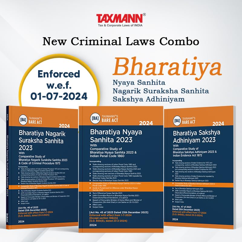 Taxmann’s New Criminal Laws Combo – Bharatiya Nyaya Sanhita 2023 (BNS) | Bharatiya Nagarik Suraksha Sanhita 2023 (BNSS) | Bharatiya Sakshya Adhiniyam 2023 (BSA) | 3 Books Set