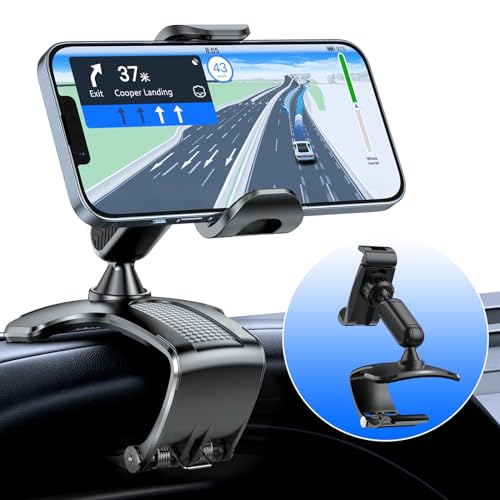 RIEMKSL Car Dashboard Phone Clip Holder, 360° Rotating Dash Steering Wheel Cell Phone Clamp Mount Stand Compatible with 4-7 Inch Smartphones (Black)