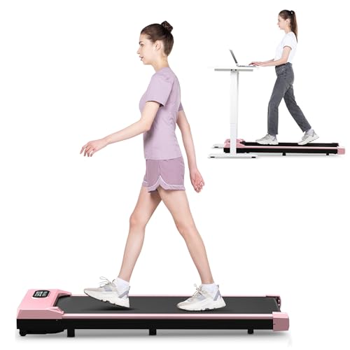 Walking Pad Treadmill Under Desk, 5MPH Small Portable Treadmill for Office & Home, Mini Quiet Compact, 2.5HP Flat Running Machine, 300 Lb Capacity, Pink