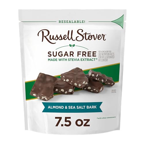 NEW - RUSSELL STOVER Sugar Free Dark Chocolate Almond & Sea Salt Bark, 7.5 oz bag (≈ 24 pieces)