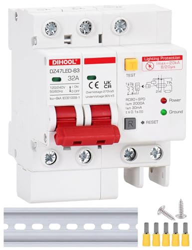 DIHOOL Ground Fault Circuit Breaker with Voltage Surge Arrester Protection, 32Amp, 2 Poles, AC 120V-240V, DIN Rail Mount Residual Current Circuit Breaker