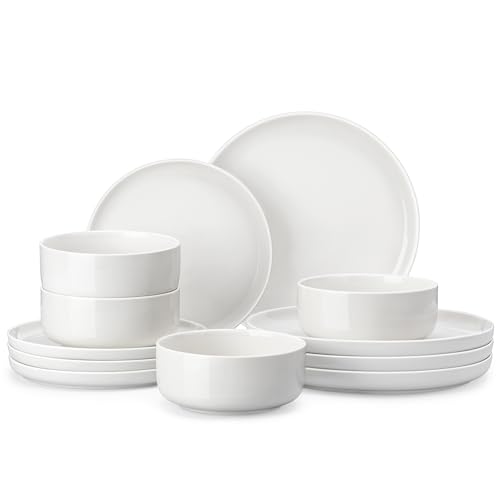 MALACASA Plates and Bowls Sets, 12 Pieces Porcelain Dinnerware Sets Dishware Sets Chip Resistant Ceramic Dish Set Dining Dinner Ware Service for 4, White, Series LUNA