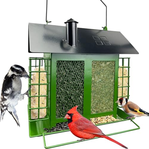 Bird Feeders for Outdoors, Double Suet Feeder with 2 Seed Trays for Woodpecker Cardinal Finch and Wild Birds, Weatherproof & Durable (Green)