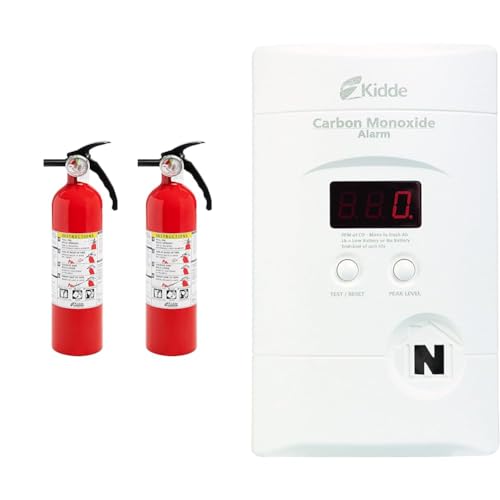 Kidde Fire Extinguisher for Home, 1-A:10-B:C, Dry Chemical Extinguisher, Red, Mounting Bracket Included, 2 Pack & Carbon Monoxide Detector, Plug In Wall with 9-Volt Battery Backup, Digital LED Display