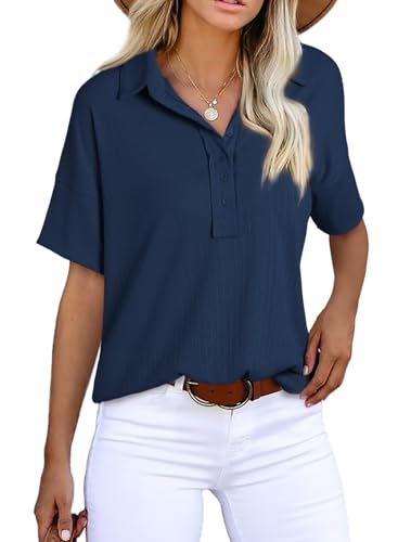 Astylish Womens Fashion Knit Tunic Tops Dressy Casual Loose Lightweight Short Sleeve Button Up V Neck Henley Shirts Pullover Navy Blue X-Large