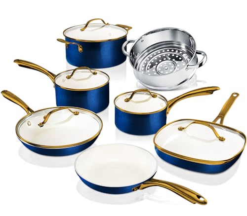 Gotham Steel 12 Pc Ceramic Pots and Pans Set Non Stick, Kitchen Cookware Sets, Pot and Pan Set, Ceramic Cookware Set, Non Toxic Cookware Set, Non Stick Pots and Pan Set, Dishwasher Safe - Cream Navy…