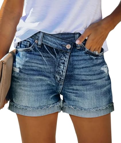 ZOLUCKY Blue Boyfriend Jean Shorts for Women Floded Hem Frayed Denim Shorts Mid Rise Blue M