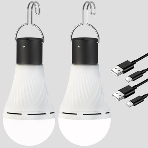 2 Pack USB Rechargeable Camping Light Bulbs, Auto On Off Light Bulb with 3 Brightness, Portable Hanging LED Tent Lights for Camping Tent Hiking Emergency