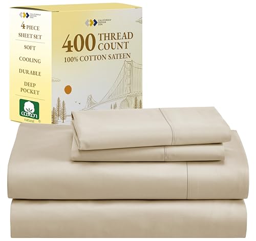 California Design Den Beige Full Size Sheets Set, 400 Thread Count 100zz Cotton Sateen - Soft, Breathable & Cooling, 4-Pc Full Sheet Set - Beige