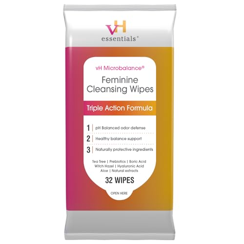 vH essentials Feminine Cleansing Wipes - pH Balanced, Prebiotics, Tea Tree & Aloe, Soothing Witch Hazel, Odor-Blocking Formula, Vaginal and Perianal Care, Paraben, Alcohol, and Fragrance-Free