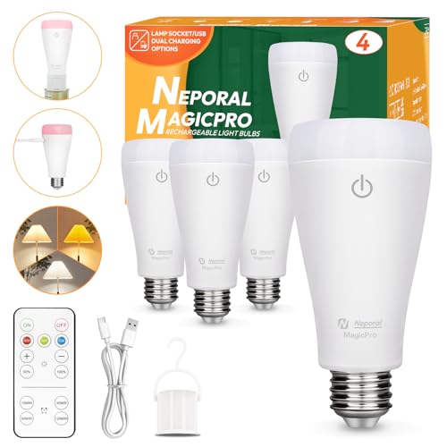 Neporal MAGICPRO Rechargeable Light Bulbs with Remote, Socket & USB Rechargeable, Up to 50H, 3 Hue Shift + Dimmable Battery Light Bulb, 15W A19 E26 Battery Operated Light Bulb Backup for Emergency 4PK