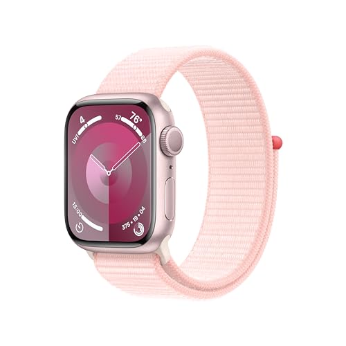 Apple Watch Series 9 [GPS 41mm] Smartwatch with Pink Aluminum Case with Light Pink Sport Loop One Size. Fitness Tracker, ECG Apps, Always-On Retina Display, Carbon Neutral