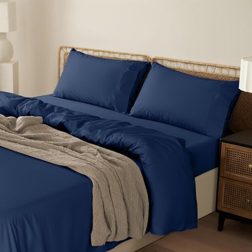 LBRO2M 1000 Thread Count 100zz Egyptian Cotton Sheets Set,Queen Size Bed Sheet 4 Piece Sets,Long Staple,16 Inches Deep Pocket,All Season,Bedding Super Soft Breathable,Sateen(Navy Blue)