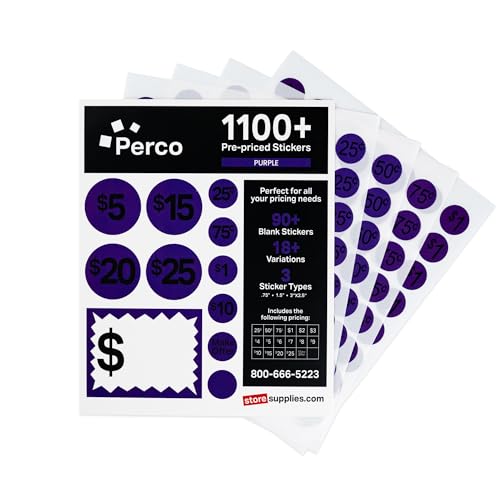 Garage Sale Price Stickers - 28 Sheets, 1,100 Pre-Priced & Blank Stickers (Purple) - Easy-to-Read Price Tags for Effective Pricing – Ideal for Yard Sales, Flea Markets, County Fairs & Retail Use