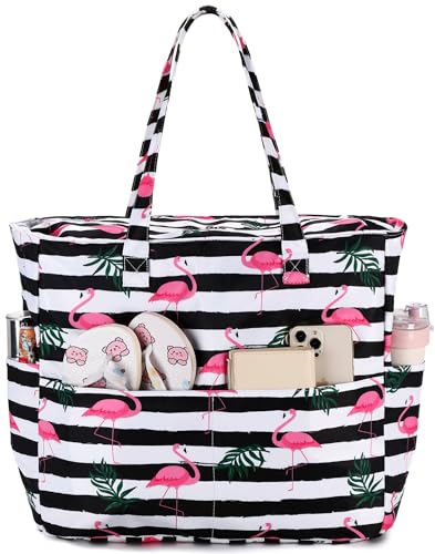 LEDAOU Large Beach Tote Bag Women Waterproof Sandproof Zipper Beach Tote Bag for Pool Gym Grocery Travel with Wet Pocket