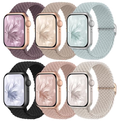 6 Pack Braided Stretchy Bands Compatible with Apple Watch Band 38mm 40mm 41mm 42mm 44mm 45mm 49mm Women Men, Adjustable Nylon Solo Loop Elastic Straps for iWatch Series 9 8 7 6 5 4 3 2 1 SE Ultra