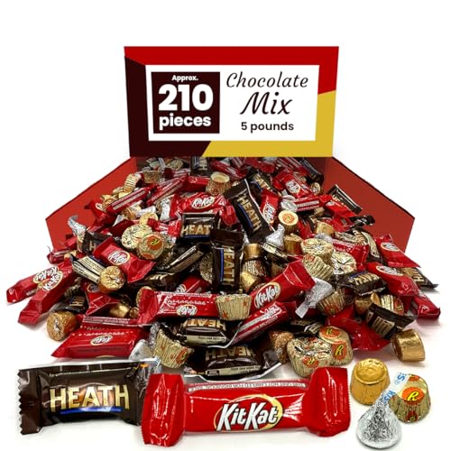 Bulk Chocolate Candy Mix - 5 Pounds Approx 210 Miniature Size - Hershys Kisses , Reeces Peanut Butter Cups , Heath Toffe Candy - KitKat Bars - Rolo Chocolate Caramel - Chocolate Candy Bars Minis - Bulk Chocolate Bars Bulk Candy Individually Wrapped Snacks For Adults & Kids - Chocolates For Gifting or Pinata Candy