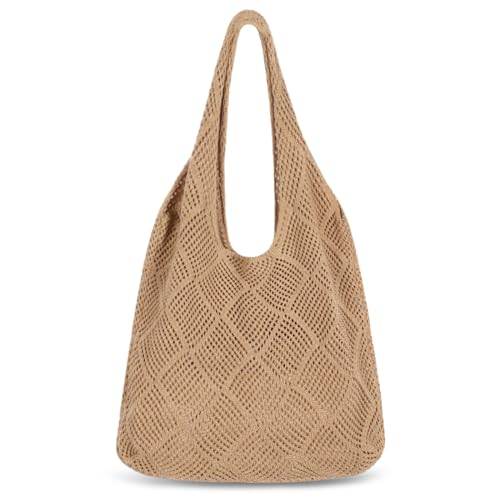 Sightor Crochet Tote Bag, Mesh Beach Bag Knit Summer Hobo Bag Vacation Boho Tote Bag for Women (Brown)