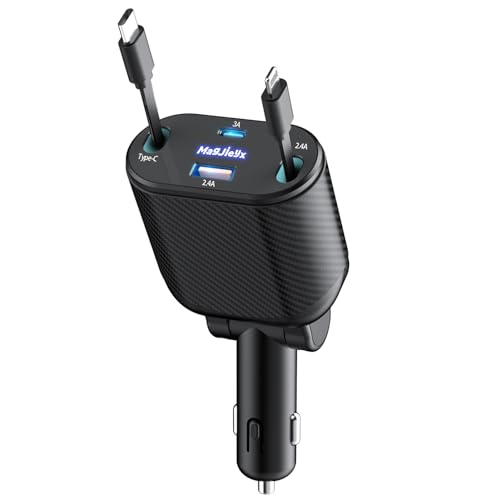 Retractable Car Charger 4 in 1 Fast Charging Adapter Magjieyx 62W Retractable Type-C_Lightning Cables and USB C_USB A QC & PD Devices for iPhone 15_14_13_12Pro Max Plus,iPad,AirPods, Galaxy,Google