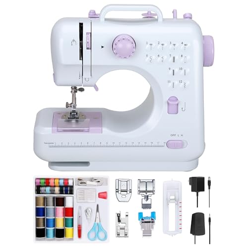 Mini Sewing Machine for Beginners, Electric Portable Sewing Machines with Reverse Sewing and 12 Built-in Stitches, Sewing Machine with 27 Pieces Accessory Kit Included 2 Speed with Foot Pedal