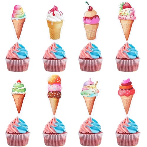 Ercadio 32 Pack Double Sided Ice Cream Cupcake Toppers Glitter Cupcake Picks for Baby Shower Birthday Summer Hawaii Theme Party Cake Decorations Supplies Ice Cream 8