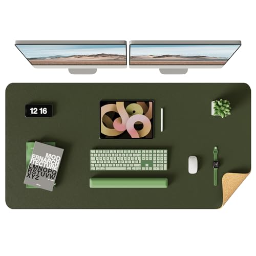 YSAGi Double-Sided Desk Pad, Leather Desk Mat, Eco Cork Desk Pad Protector, Large Mouse Pad for Desk, Waterproof Desk Blotter Pad, Desk Writing Pad(Dark Green, 47.2" x 23.6")