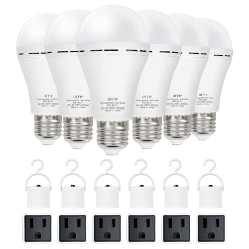 OFFLIY Rechargeable Light Bulbs & Plug Caps Combo, 1800mAh High-Capacity Battery, 9W,750LM,5000K Emergency Light Bulbs for Power Outage, A19 E26 Led Light Bulbs, 6PK with Plug Caps & 6Hooks