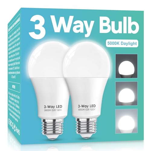 Gonhom 3 Way LED Light Bulbs 50 100 150W Equivalent, Daylight White 5000K 3 Way Light Bulbs, A19 Three Way Light Bulbs,E26 Base 3-Way Light Bulbs for Reading,Living Room-2 Pack