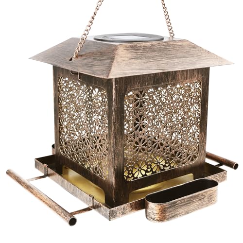 Happypapa Solar Bird Feeder for Outdoors Hanging, 3.2L Premium Metal House Wild Bird Feeder for Outside Garden Lantern, Long-Lasting and Weatherproof Bird Feeders Gift for Bird Lovers