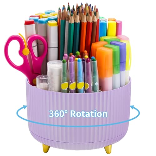 Marbrasse Desk Organizer, 360-Degree Rotating Pen Holder for Desk, Desk Organizers and Accessories with 5 Compartments Pencil Organizer, Art Supply Storage Box Caddy for Office, Home（Purple）